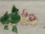 tableau représentant un groupe d'oiseaux perchés sur un mur blanc