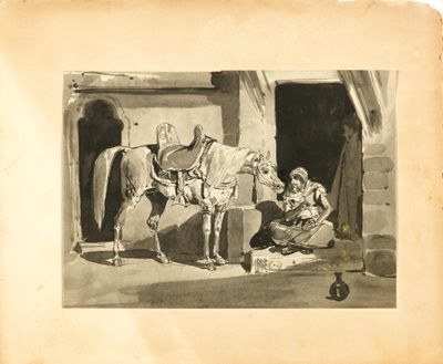un dessin représentant un homme et un cheval devant un bâtiment
