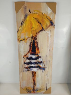 a painting of a woman holding a yellow umbrella