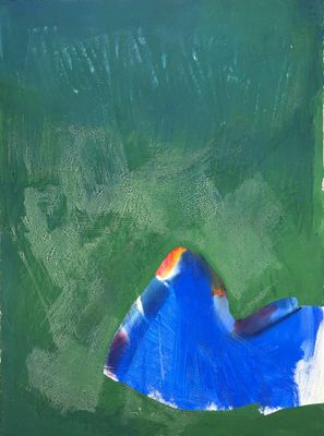 a painting of a blue and white wave on a green background
