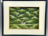 painting of a landscape with houses and trees in a black frame