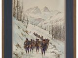 an image of a painting of a group of people riding horses in the snow