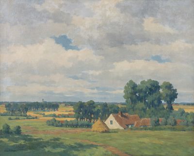 tableau représentant un champ avec une maison et des arbres au loin