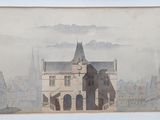 drawing of a building with a clock tower in the middle of a city