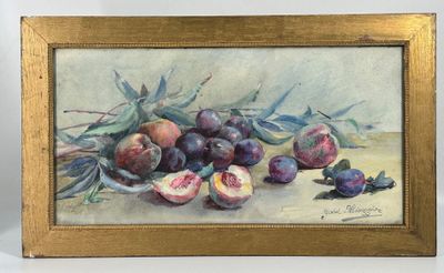 tableau représentant une nature morte avec des prunes et des prunes sur une table