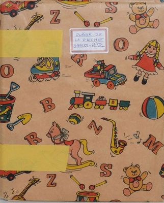 a small suitcase with a pattern of children ' s toys on it