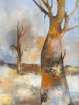 an oil painting of a bare tree in a snowy field
