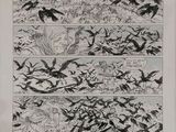 un dessin en noir et blanc représentant des oiseaux volant dans le ciel