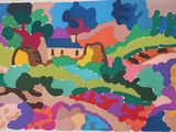 une peinture d'une maison au milieu d'un champ