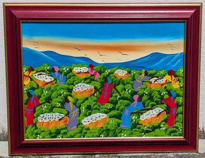 un tableau représentant un champ de fleurs avec des oiseaux dans le ciel