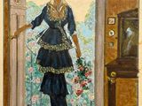 painting of a woman in a blue dress and straw hat standing in front of a door