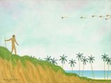 un tableau représentant un homme debout sur une colline, regardant les oiseaux voler dans le ciel