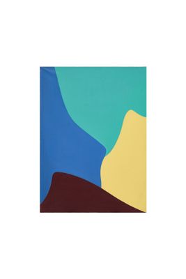 un tableau représentant un paysage désertique avec un ciel bleu et des collines jaunes