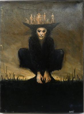 an oil painting of a woman with a hat on her head sitting in a field