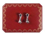 pair of silver salt and pepper shakers on a red box