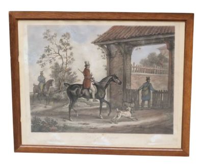 tableau représentant un homme à cheval avec un chien et un autre homme à cheval