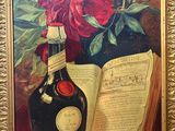a painting of a bottle of wine and a book on a table