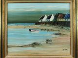 une peinture à l'huile représentant un bateau sur une plage, à côté d'une maison