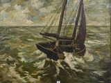 an oil painting of a boat in the middle of a body of water
