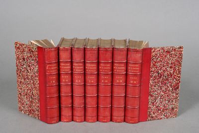 six red books stacked on top of each other in a row