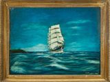 an oil painting of a sailboat sailing in the ocean