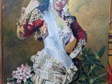 painting of a woman in a white dress holding a fan