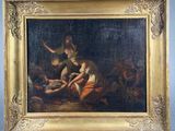 an oil painting of a group of people gathered around a man on the ground