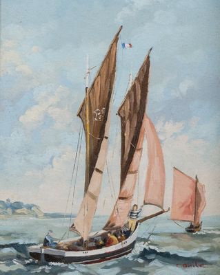 painting of a sailboat with pink sails in a body of water
