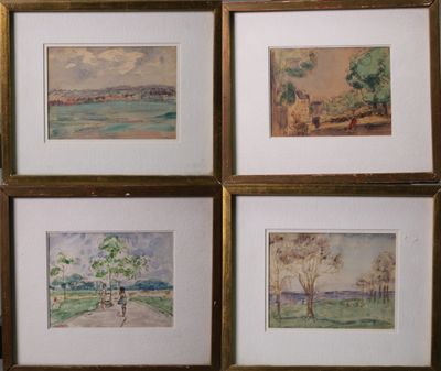 quatre aquarelles encadrées représentant un paysage avec une personne à vélo