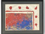 framed artwork of a red and blue painting on a white wall
