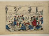 un dessin représentant un groupe de personnes assises au milieu d'un champ