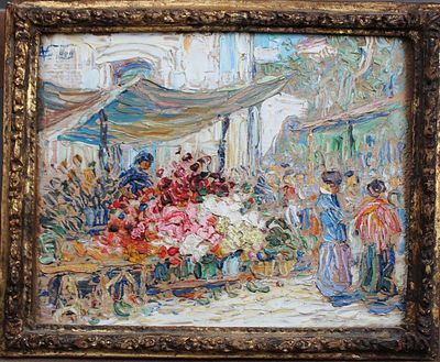 une peinture à l'huile représentant une scène de marché avec une femme vendant des fleurs