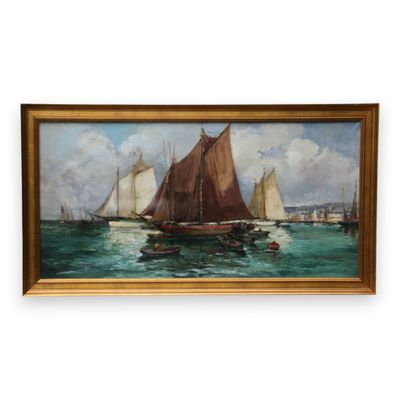 an oil painting of a sailboat in a body of water