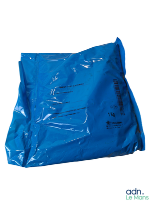 a blue bag of food sitting on top of a white table