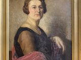 an oil painting of a woman in a black dress with a pink scarf