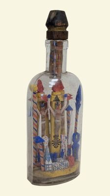 a glass bottle with a picture of people inside of it