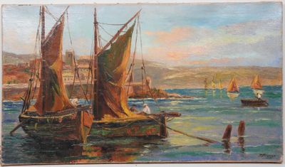 une peinture représentant une scène portuaire avec des bateaux dans l'eau