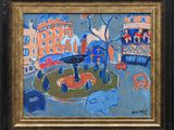 painting of a city scene with a fountain and buildings in the background