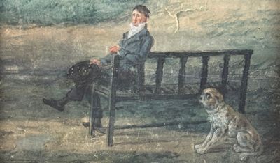 a painting of a man sitting on a bench with two dogs