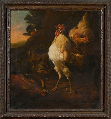 an oil painting of a rooster and chickens in a wooded setting