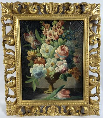 painting of a vase of flowers in a gold frame on a white background
