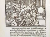 an old book with a drawing of a man being taken out of a building