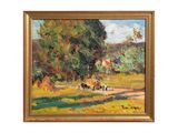 une peinture à l'huile représentant des vaches paissant dans un champ près d'un arbre
