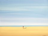tableau représentant une personne marchant sur une plage avec une planche de surf