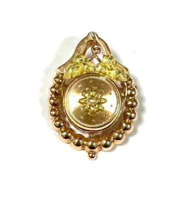 a picture of a gold colored brooch on a white background