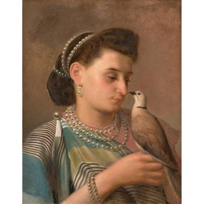 une image d'un tableau représentant une femme avec un oiseau sur l'épaule