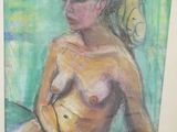 peinture au pastel représentant une femme nue assise sur une chaise devant une fenêtre