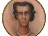un portrait ovale représentant un homme aux cheveux noirs, vêtu d'une chemise blanche