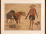 an image of a painting of a woman and two horses in the water