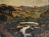 une peinture d'un paysage avec une rivière au premier plan